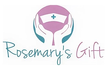 Logo for Rosemary's Gift organization, hands and health symbol.