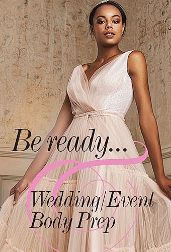 Model in elegant dress promoting event body prep