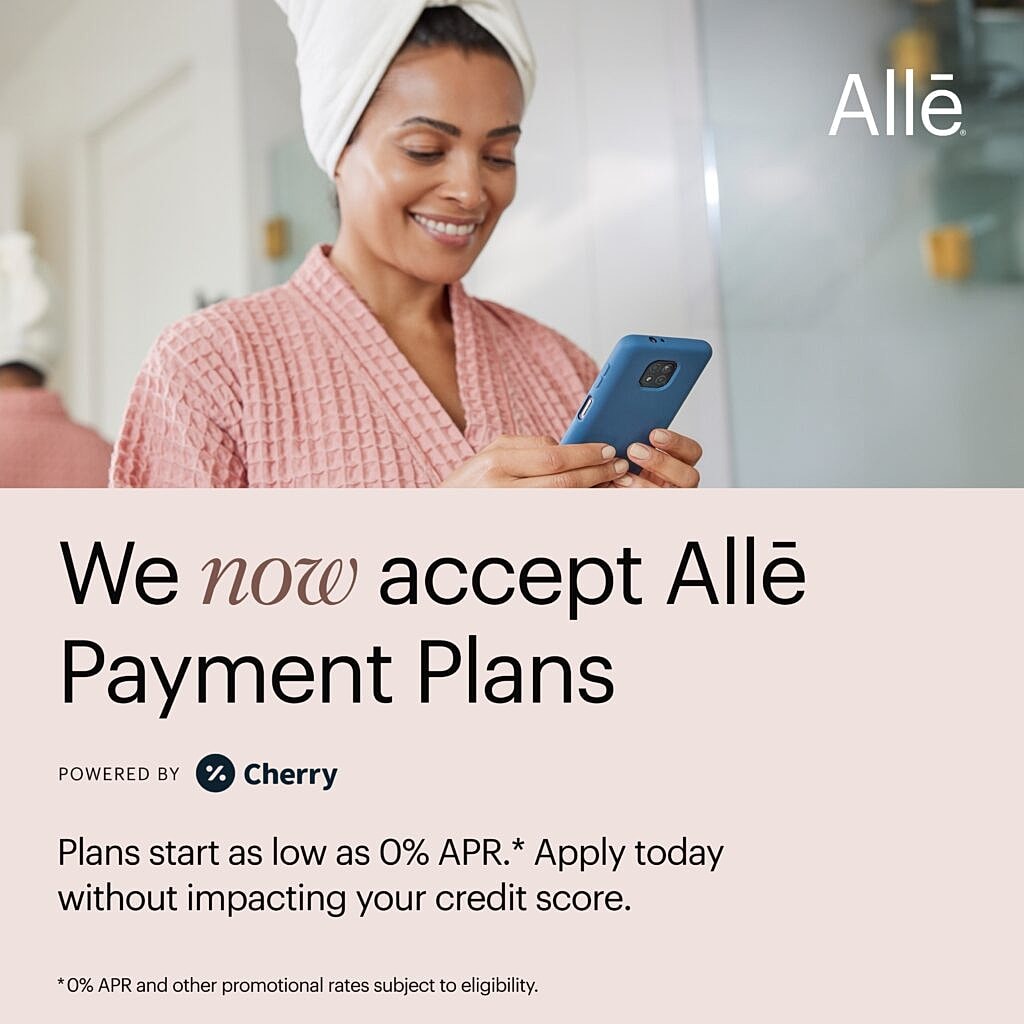 Woman using phone promoting Allē Payment Plans.