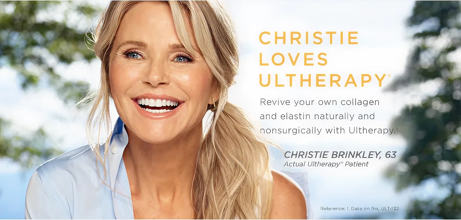 Smiling woman promoting Ultherapy skincare treatment.