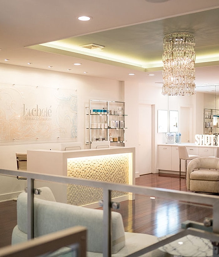 Modern spa interior with skincare product displays.