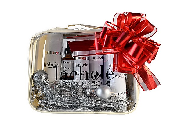 Skincare products and cosmetic bag set displayed.