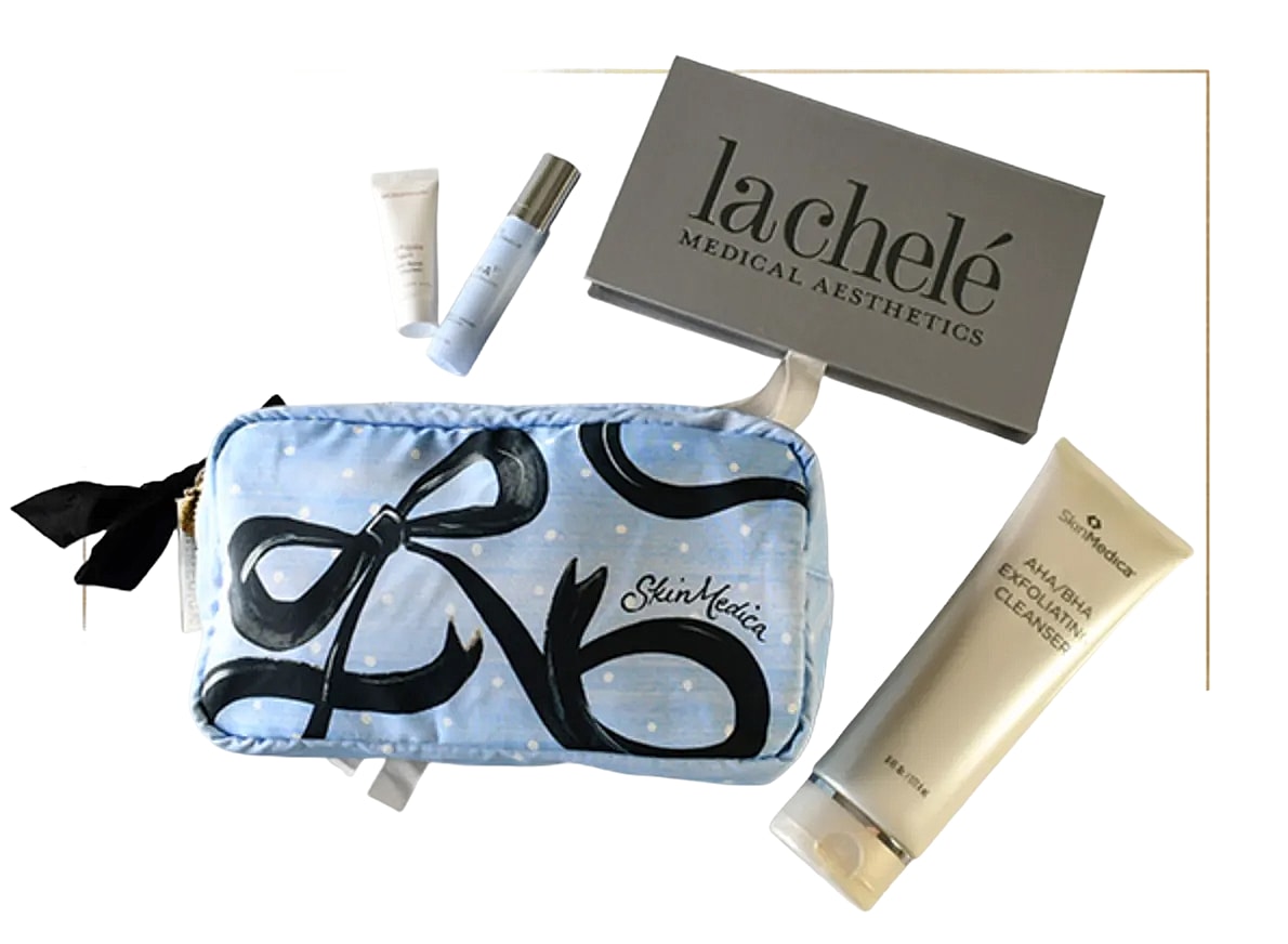 Skincare products and accessories in a stylish bag.