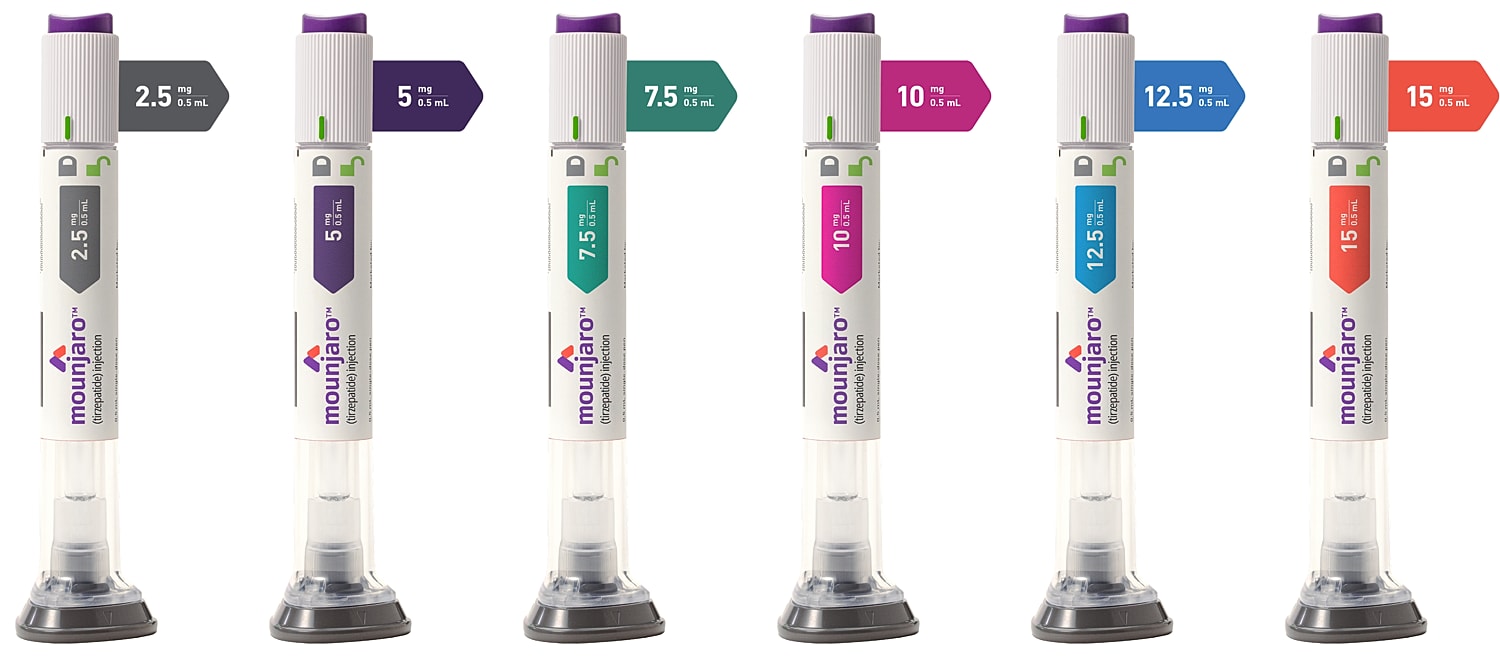 Mounjaro injection pens with varying dosage options.
