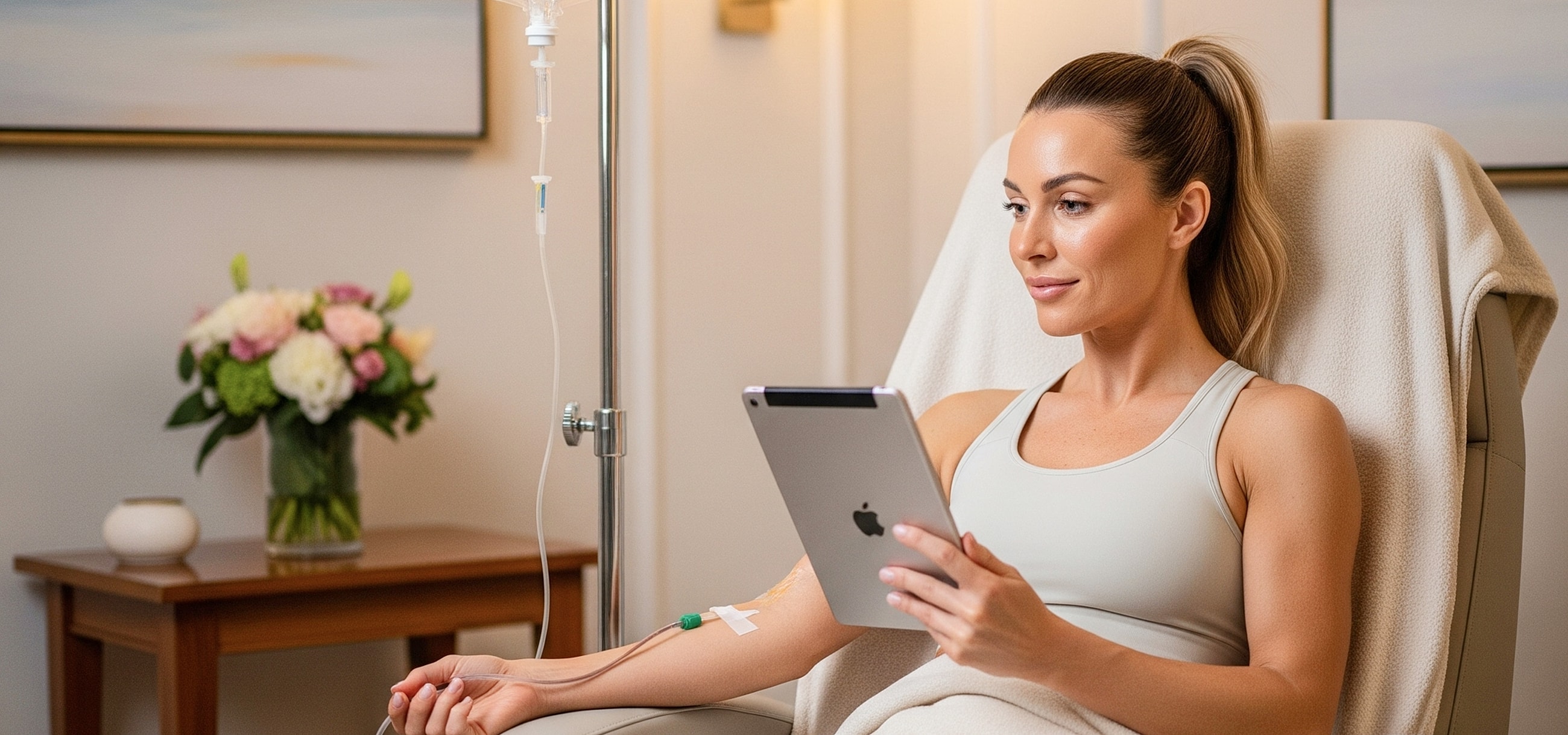 Woman receiving treatment while using a tablet.